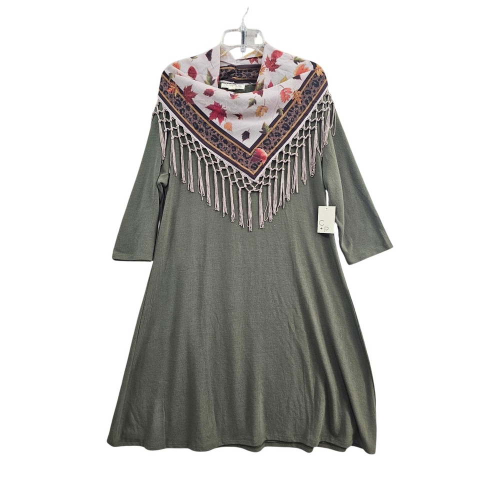 Cactus + Pearl Tunic Dress XL Olive Fall Autumn w Leaf Leopard Fringe Scarf New